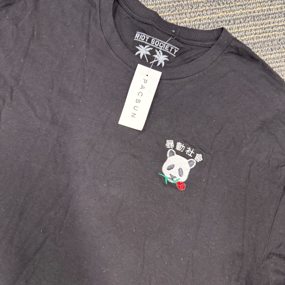 Riot Society Mens Black‎ Panda Rose Embroidered Cotton T Shirt Size L